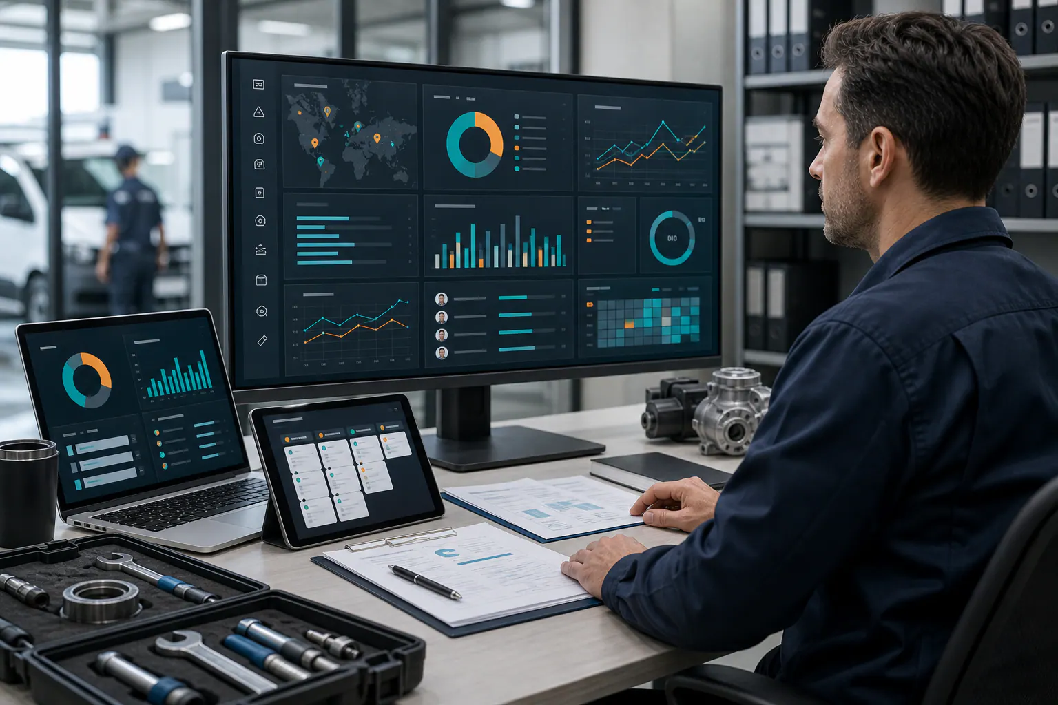 Dashboard de gestión servicios técnicos e inteligencia comercial Dashboard de servicios técnicos con visitas, órdenes de trabajo, cotizaciones, técnicos, postventa y oportunidades recurrentes