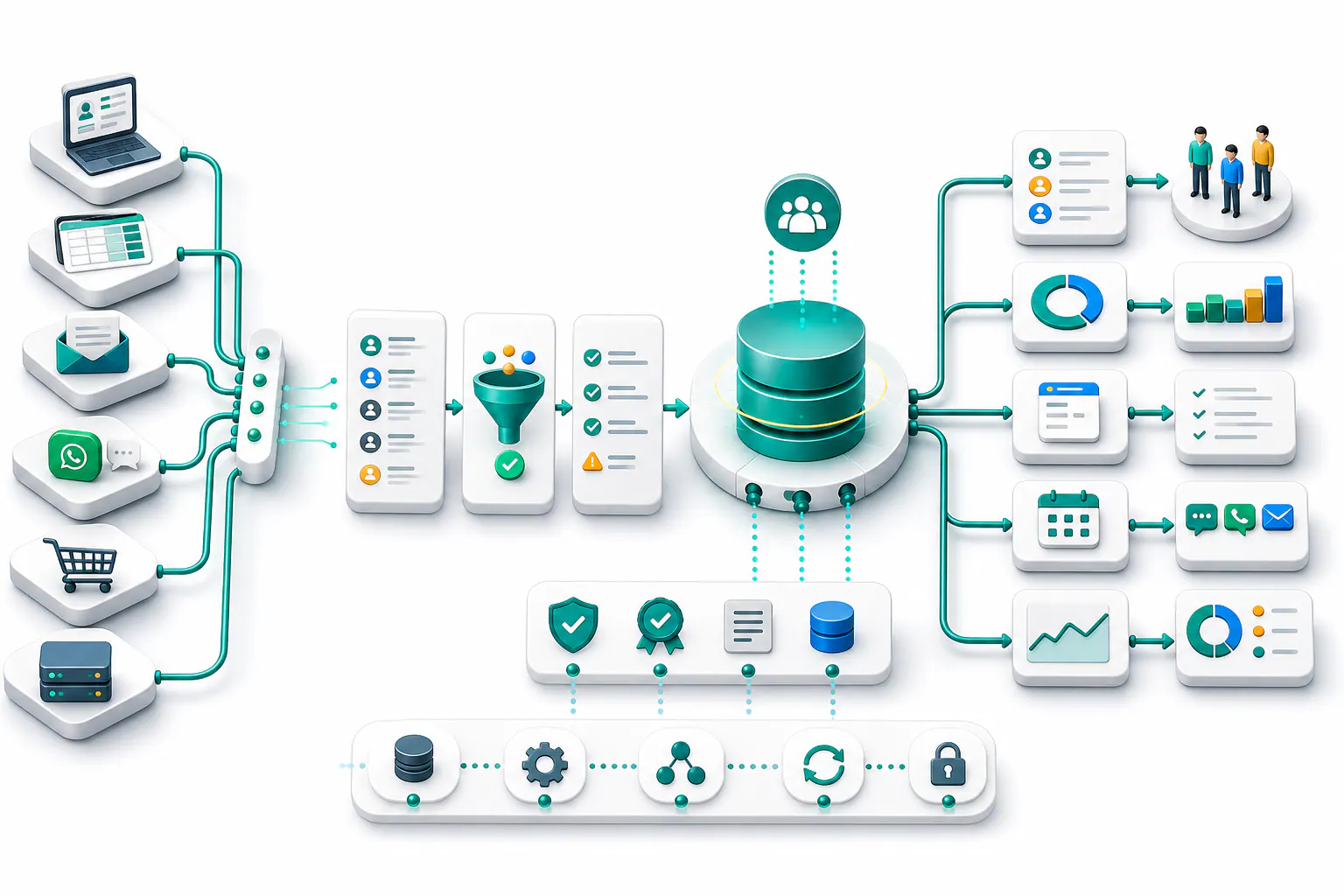 Flujo para centralizar datos comerciales desde CRM, planillas, correos, WhatsApp, ecommerce y sistemas administrativos