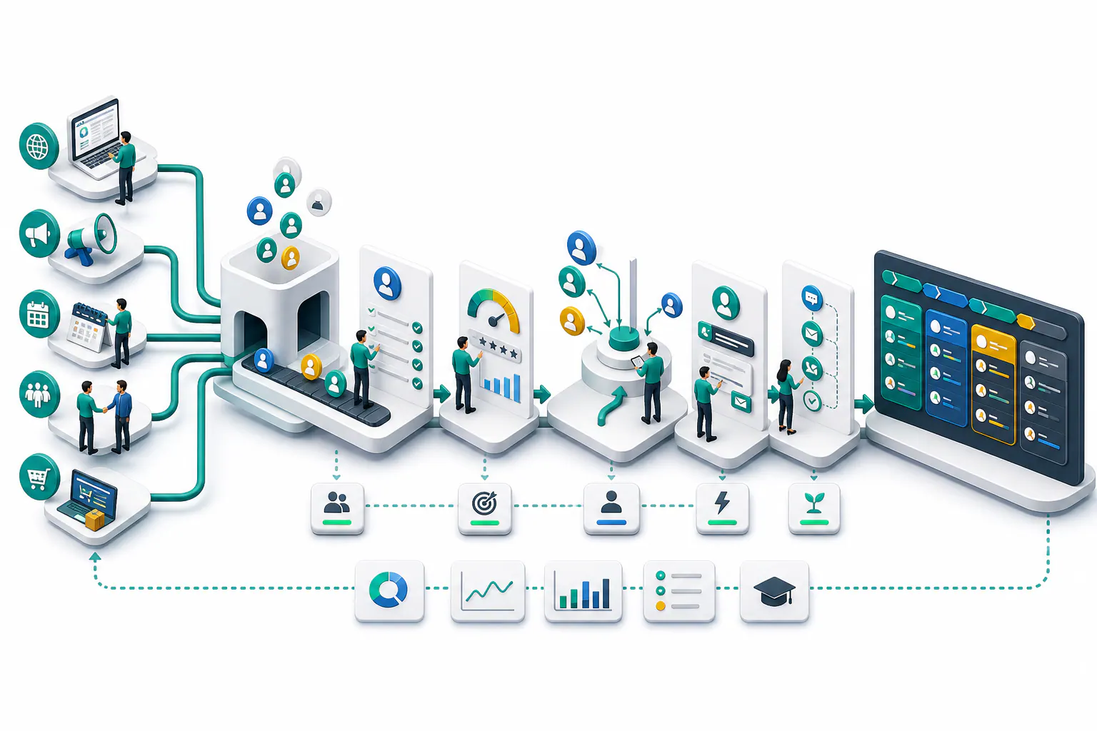 Flujo lead oportunidad B2B con captura, validación, scoring, asignación, respuesta, nutrición y seguimiento
