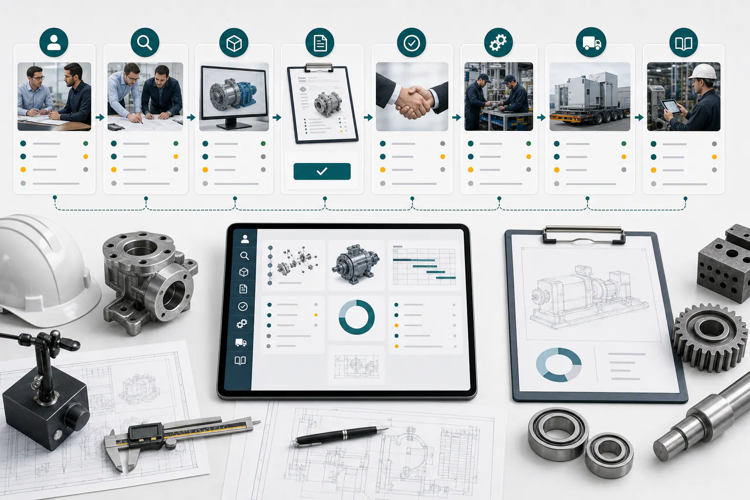 Flujo de ventas técnicas B2B y cotizaciones industriales Flujo de ventas industriales B2B con cliente, requerimiento técnico, ingeniería, cotización, aprobación, operación y postventa