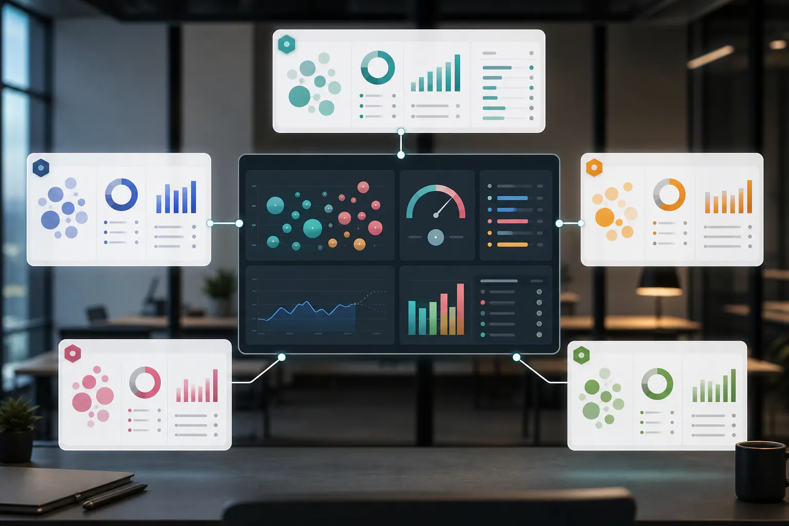 Dashboard de inteligencia comercial B2B con segmentos de mercado, oportunidades, forecast y prioridades de seguimiento