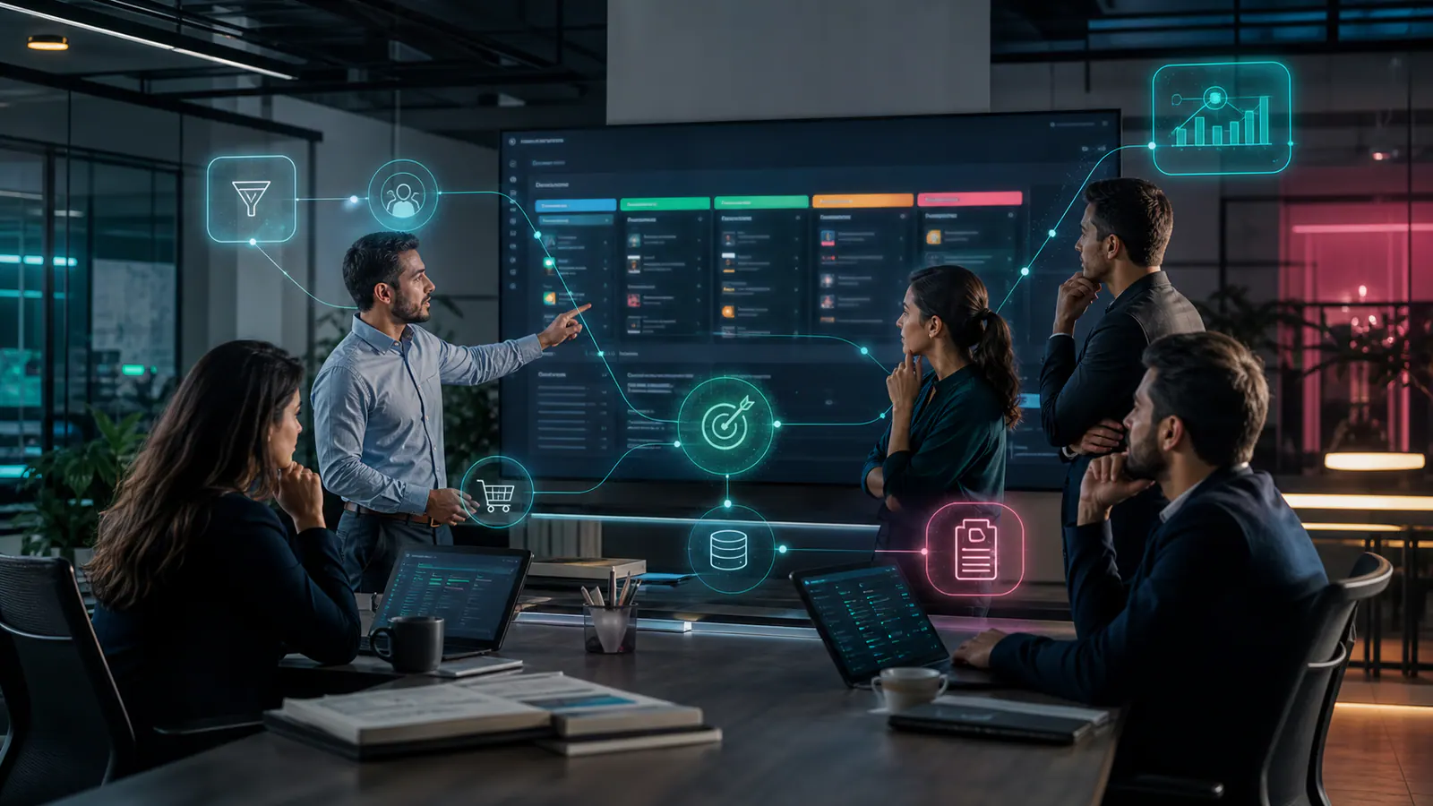 Equipo comercial B2B revisando una Máquina de Ventas con pipeline, oportunidades, cotizaciones, automatización e inteligencia comercial conectadas