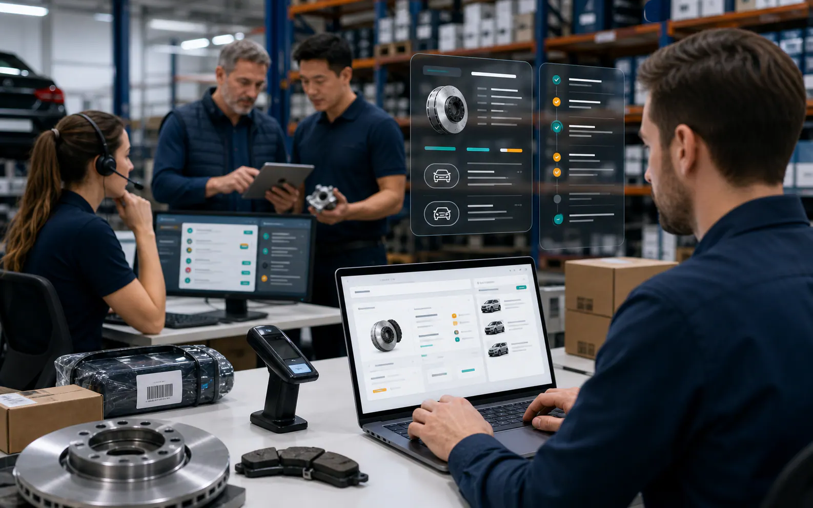 Máquina de Venta para venta de repuestos de autos Equipo comercial validando compatibilidad vehículo-repuesto, stock y cotización en una operación de repuestos de autos
