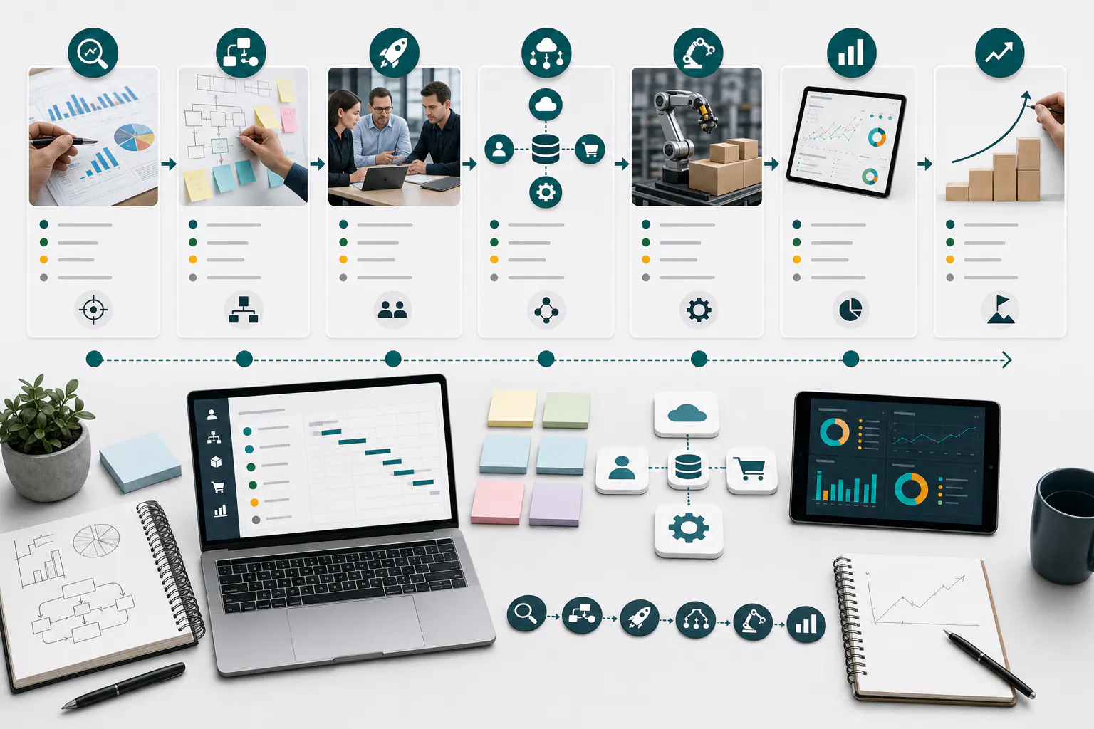 Roadmap de implementación comercial B2B con diagnóstico, diseño, piloto, integración CRM ERP ecommerce, automatización, medición y escalamiento