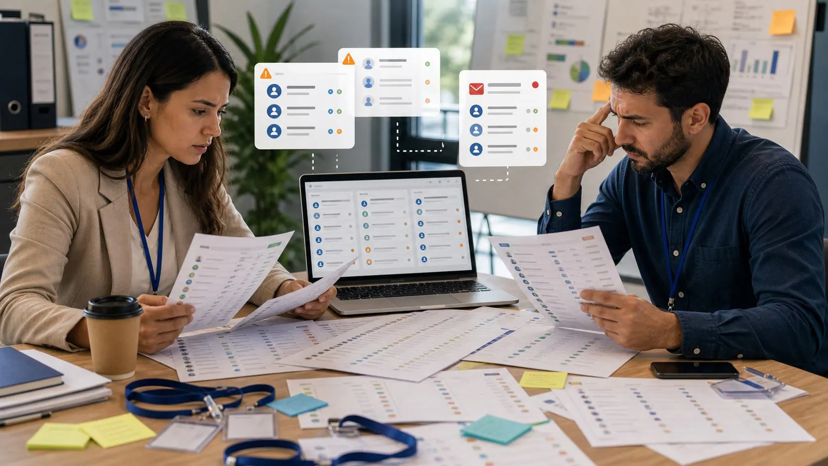 Equipo revisando planillas duplicadas y datos incompletos de contactos para eventos