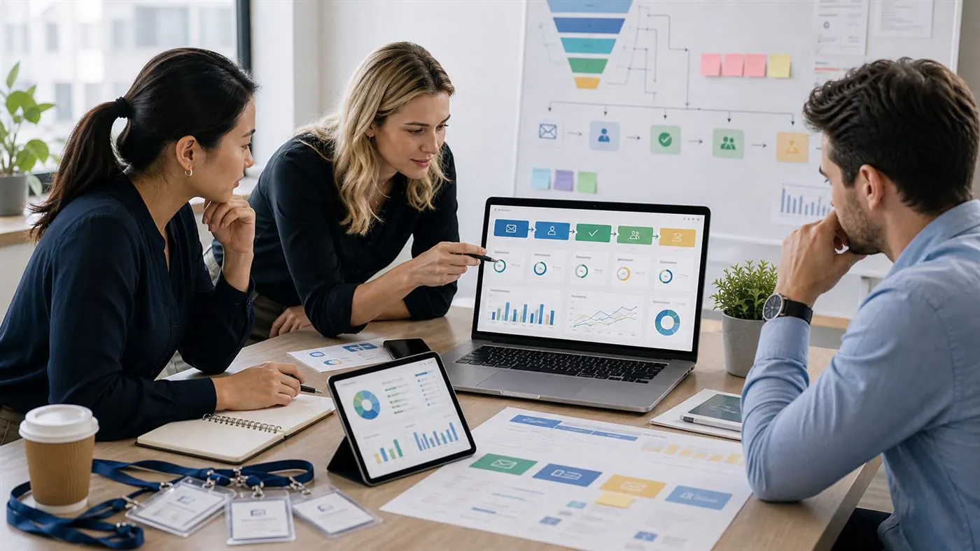 Indicadores claros para eventos por etapa Equipo revisando indicadores claros de evento por etapa en un dashboard