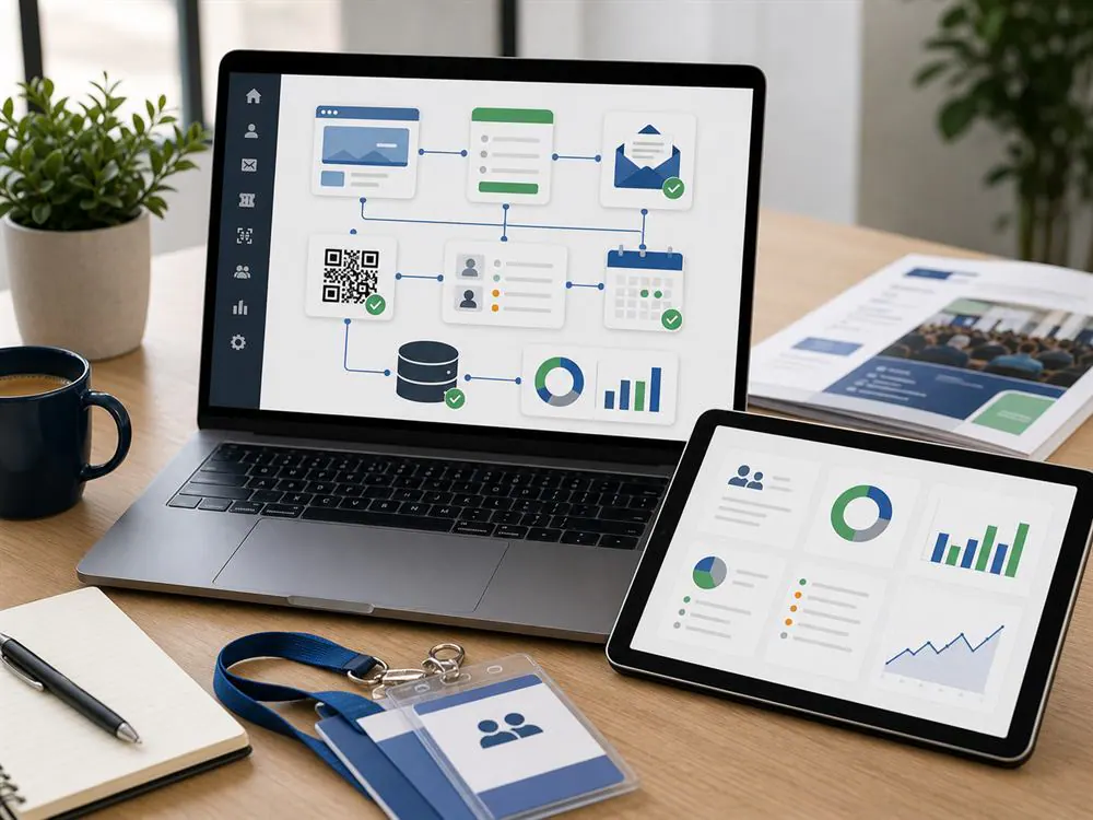 Dashboard integrado que conecta landing page formularios email QR base de datos y reportes de eventos