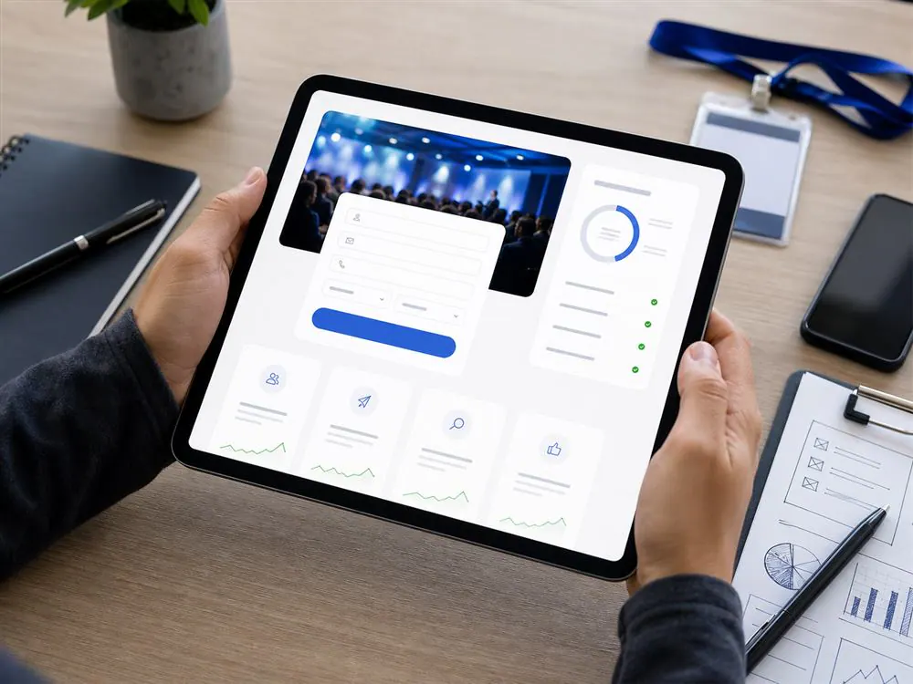 Landing page de registro para eventos revisada en una tablet con formulario y metricas