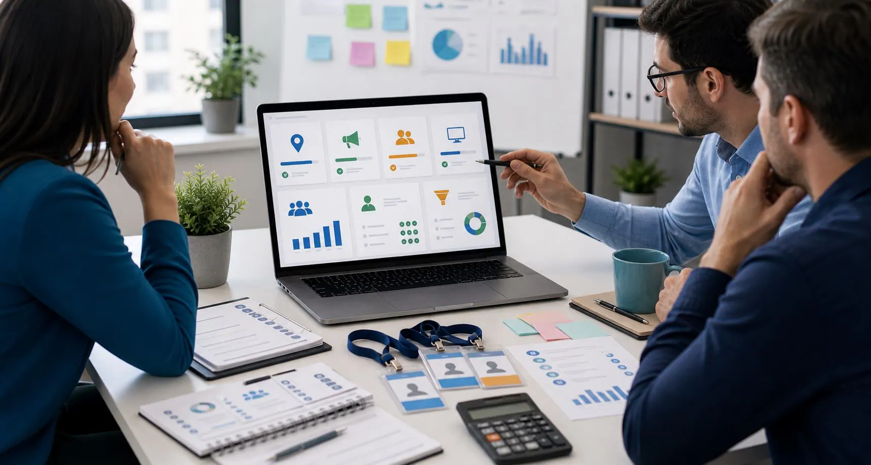 Optimizar costos de eventos y demostrar impacto comercial Equipo revisando presupuesto y ROI de eventos en un panel de resultados