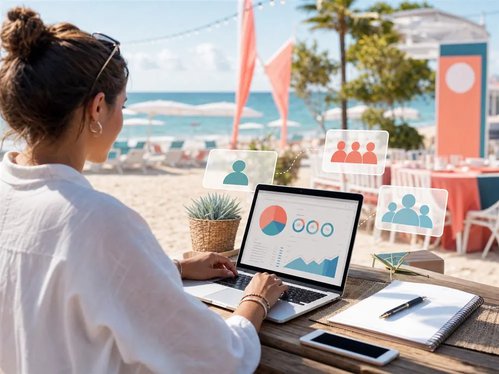 Organizador de evento en la playa preparando una campana digital segmentada