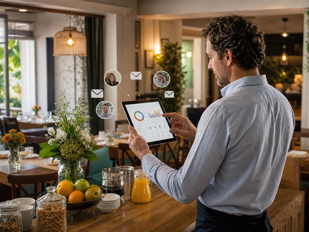 Administrador de restaurante o alojamiento preparando ofertas personalizadas para clientes
